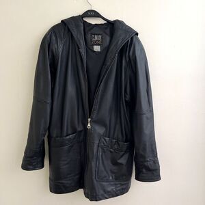 CLIMATE ZONE Vintage Hooded Black Leather Long Jacket Minimalist Streetwear- Med